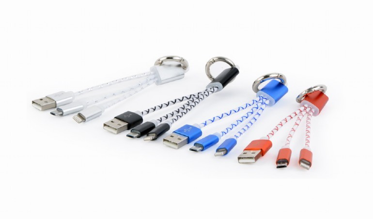 Gembird Sleutelhanger met USB Combo-Oplaadkabel, Mix Color (zwart, wit, blauw, rood)