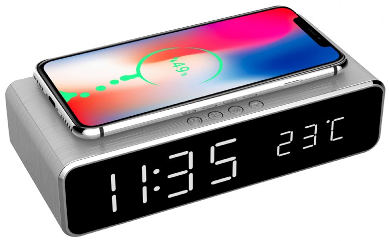 Gembird digitale wekker met draadloze laadfunctie voor smartphone (oa iPhone X / XS / XR / 8, Galaxy S8 / S7 / S6) - zilver geeft tijd en temperatuur weer